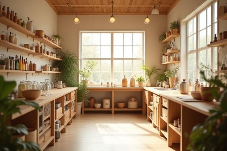Interior view of a clean, well-organized cosmetic workshop with natural light